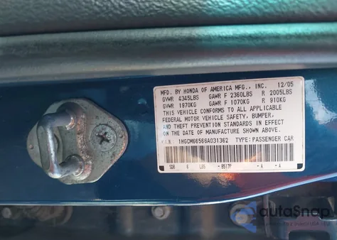 2006 Honda Accord 3.0 Ex из США, поврежденный, VIN 1HGCM66566A031362